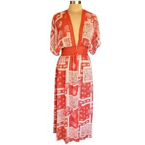 Blu Ivy Duster Kimono MED Rust White Asian Inspired Print Lace Button Waist Boho